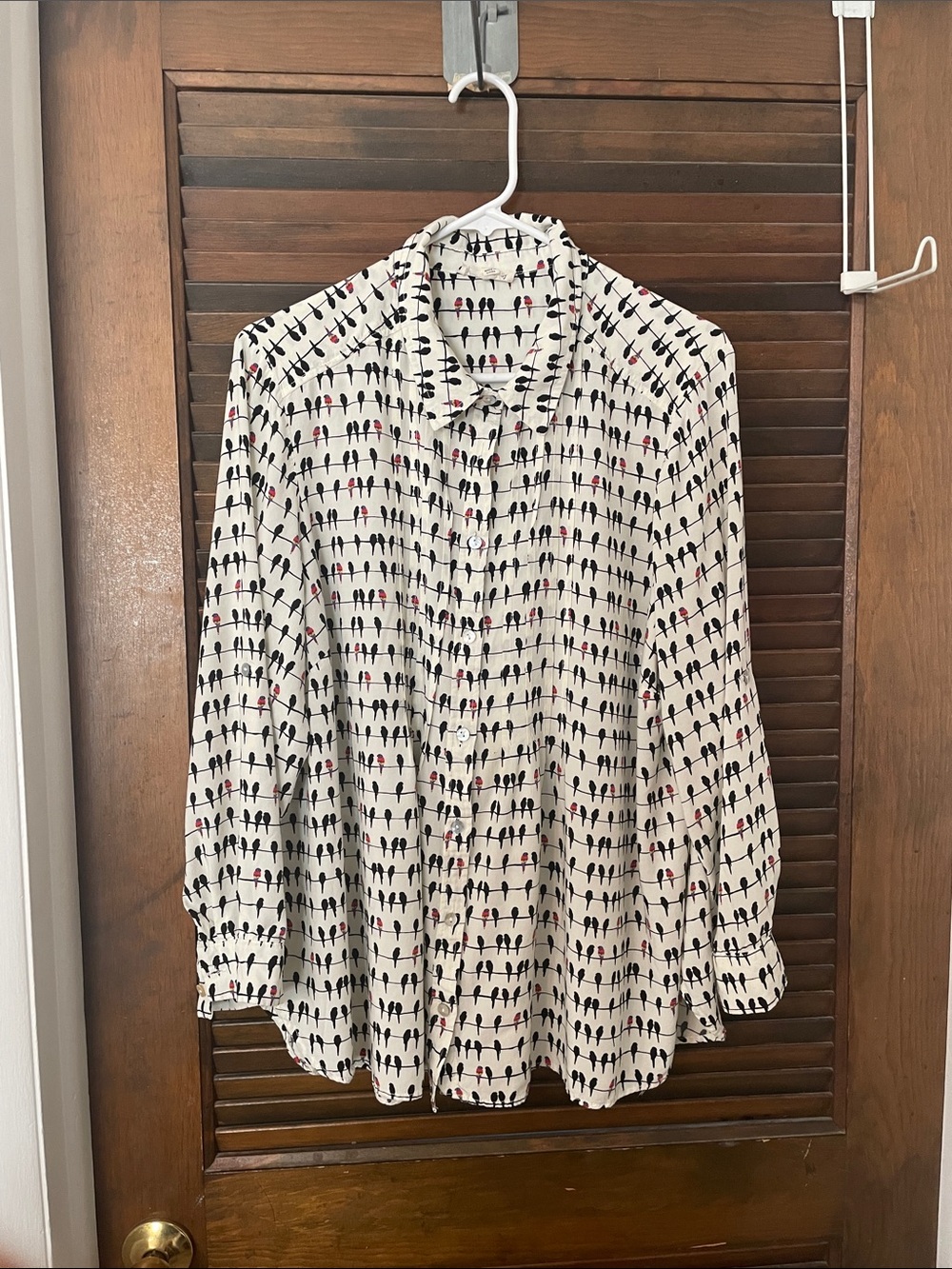 Jane and Delancey Cream Button-Down Shirt with Black & Red Bird Motif